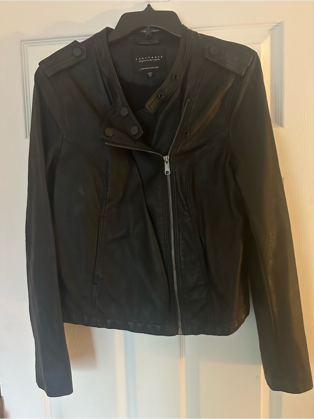 Sanctuary Black Leather Moto Jacket with Asymmetrical Zip